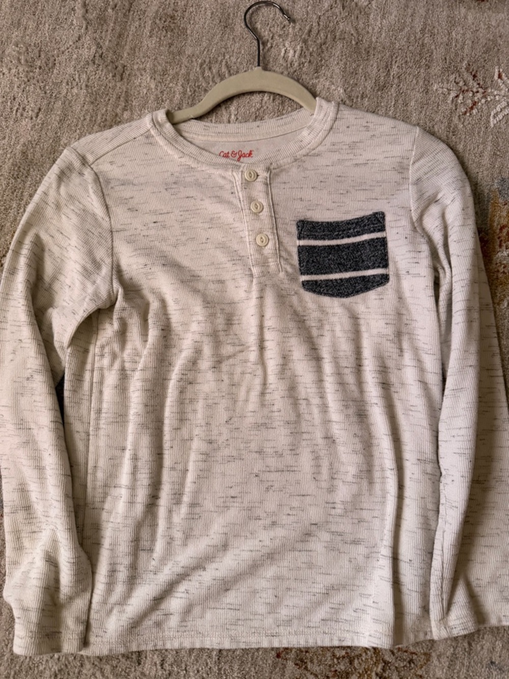 Cat & Jack Cream Long-Sleeve Henley with Navy Stripe Pocket